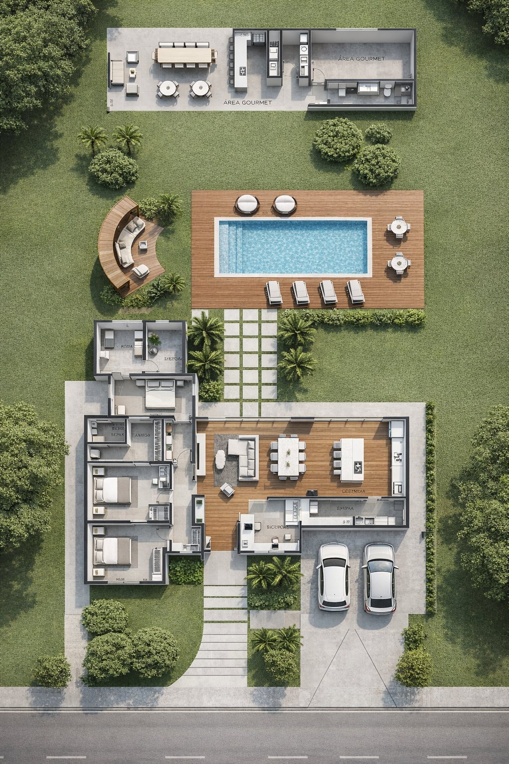 Planta humanizada — vista aérea com piscina e garagem