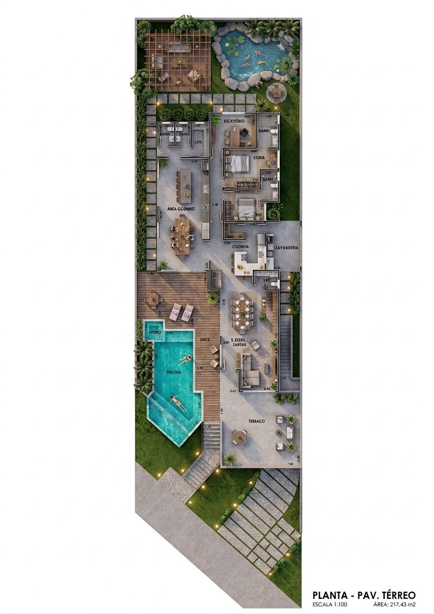 Planta humanizada — pavimento térreo, área 217,43 m²